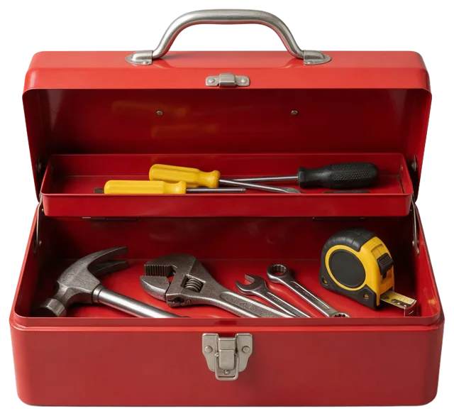 An open red metal toolbox holding assorted hand tools including hammer, wrenches and screwdrivers