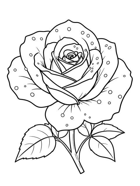 Black and white line art of an open rose with dewdrops, stem and leaves on a plain white background
