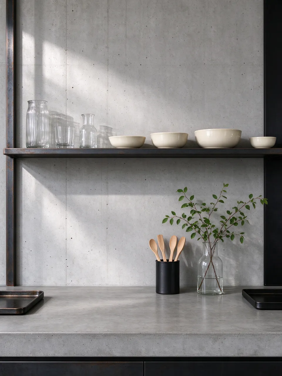 Blackened steel open shelf with glassware and cream bowls above a smooth concrete kitchen countertop.