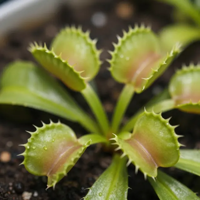 Close up macro shot of a venus flytrap plant with open traps resting in potting soil