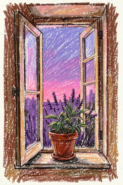 Textured oil pastel drawing of an open window with a potted lavender plant on the sill framing a purple and pink dusk sky