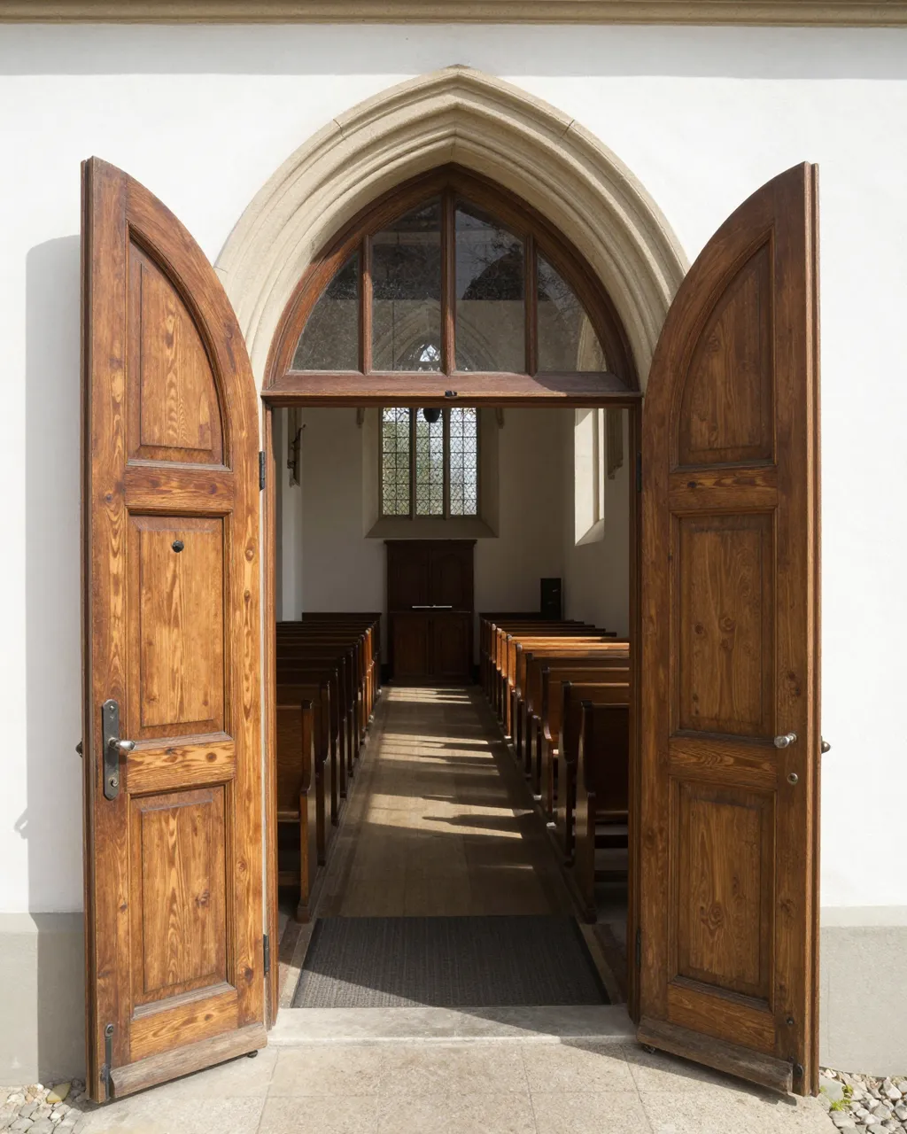 Arched open wooden church doors reveal a sunlit aisle lined with empty pews from the entrance.