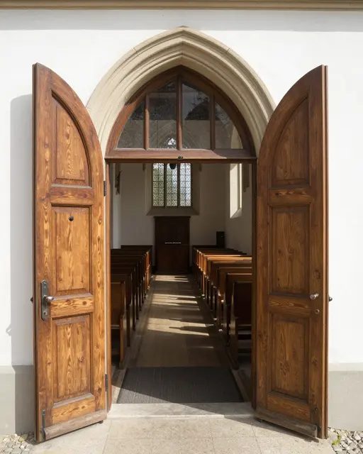 Arched open wooden church doors reveal a sunlit aisle lined with empty pews from the entrance.