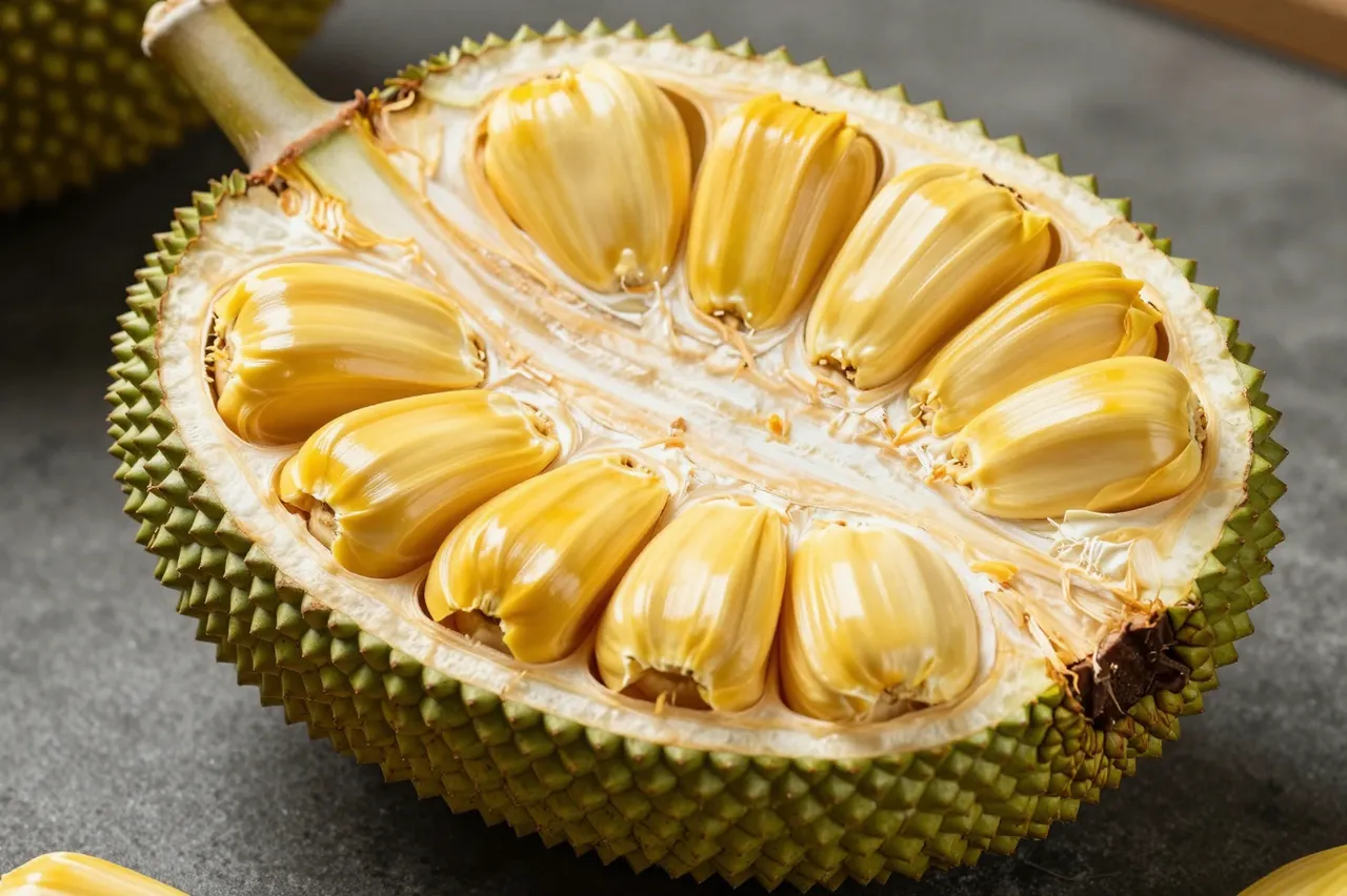 Halved ripe jackfruit showing plump yellow fleshy pods set on a dark gray countertop