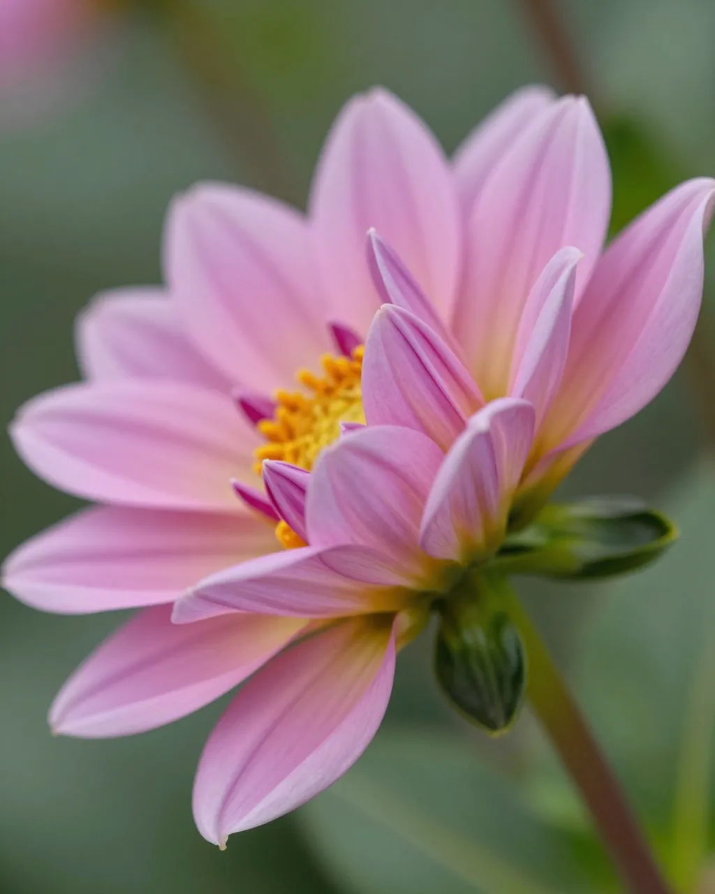 Close up of a partially opening pink dahlia flower in soft natural light