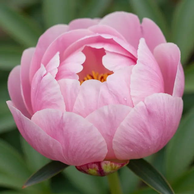 Close-up of a soft pink peony bud mid-opening with tiny water droplets on its petals.