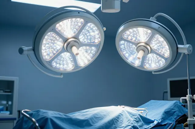 Lit surgical lights hang above a draped empty operating table in an operating room