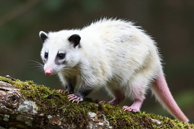 A white opossum with pink snout and tail stands carefully on a moss-covered fallen log