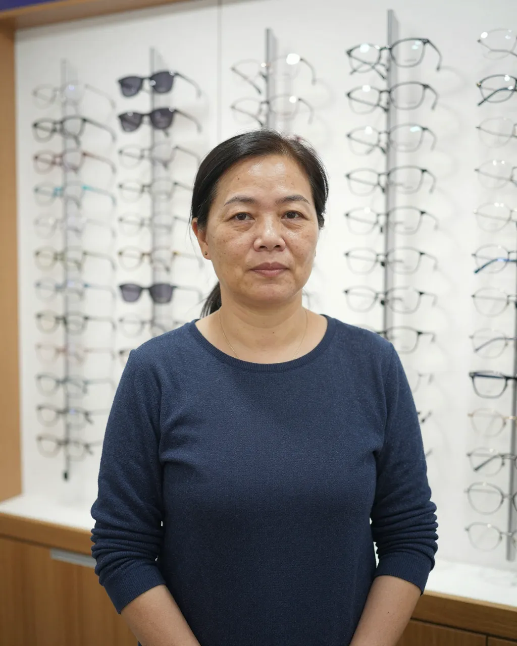 Middle aged East Asian woman stands in front of eyeglass display racks inside an optician shop
