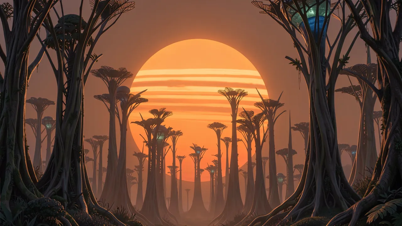 Large banded orange moon rises behind a misty forest of tall alien trees on an alien world