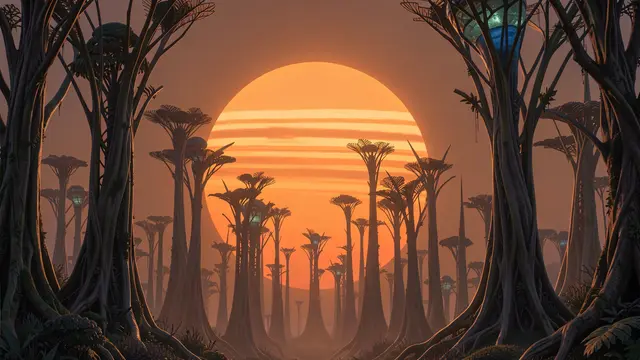 Large banded orange moon rises behind a misty forest of tall alien trees on an alien world