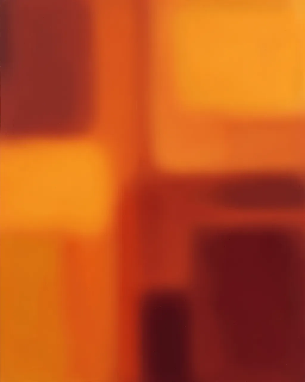 Soft blurred warm rectangles in varying shades of orange and deep maroon form an abstract color field composition