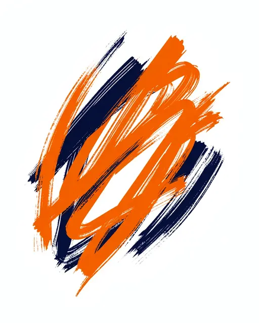 Expressive overlapping orange and navy blue gestural brush strokes on a plain white background