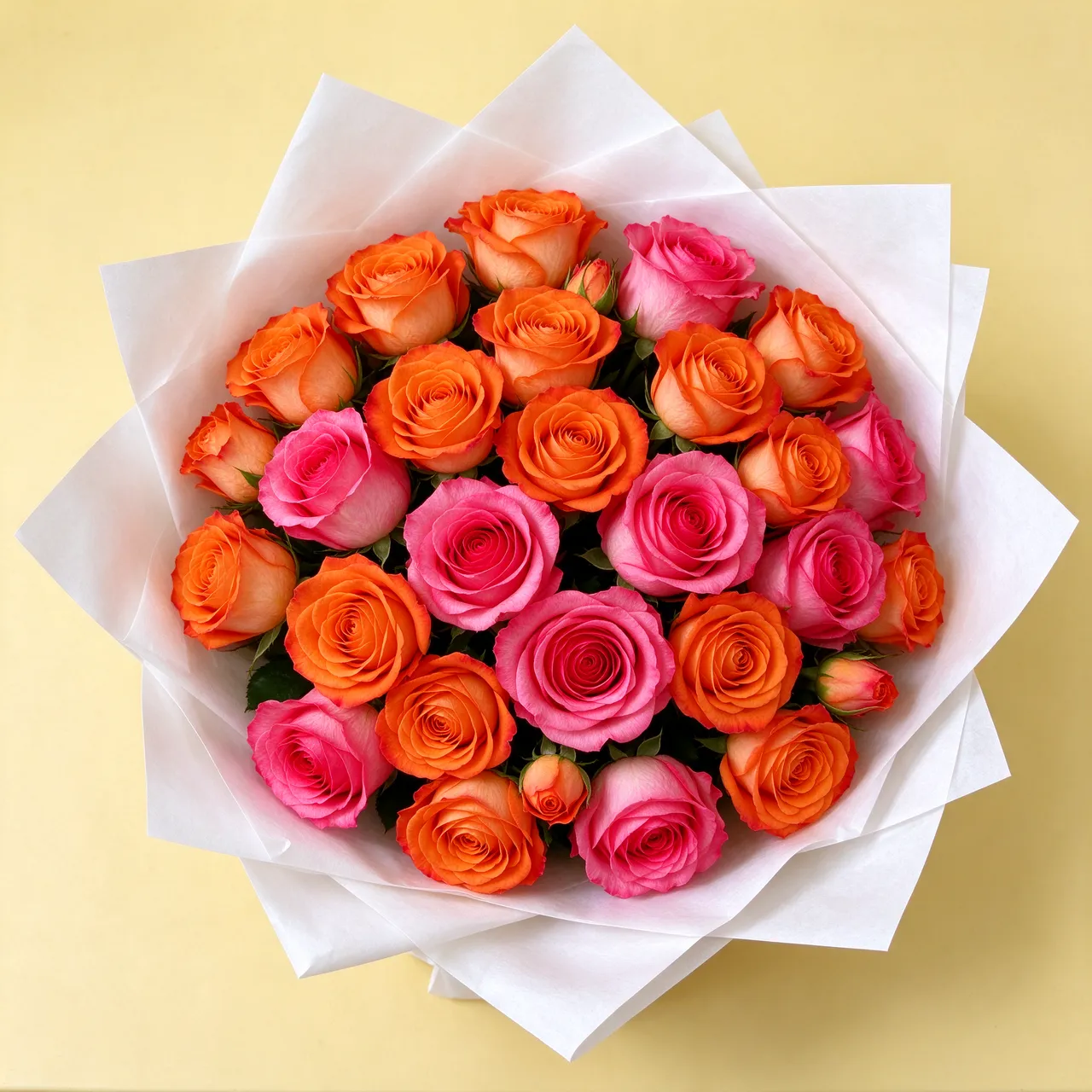 Overhead view of a rose bouquet wrapped in white paper resting on a pale yellow tabletop
