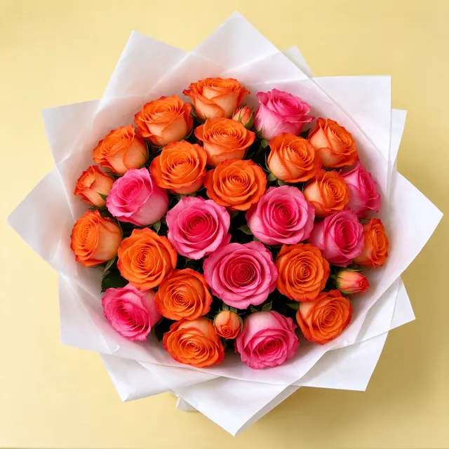Overhead view of a rose bouquet wrapped in white paper resting on a pale yellow tabletop