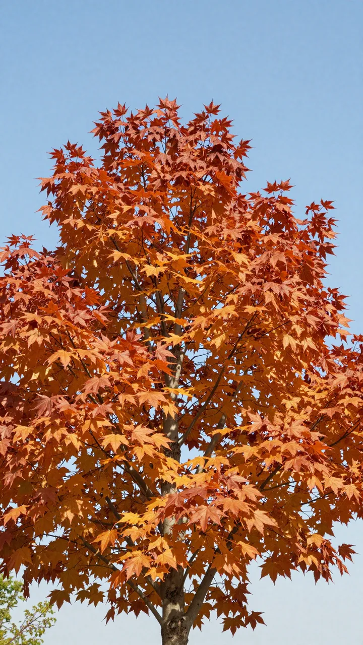 Tall maple tree covered in bright orange fall leaves against a clear pale blue sky