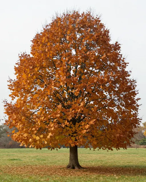 A tall oak tree with a full crown of orange autumn leaves stands alone in an open grassy meadow under an overcast sky.