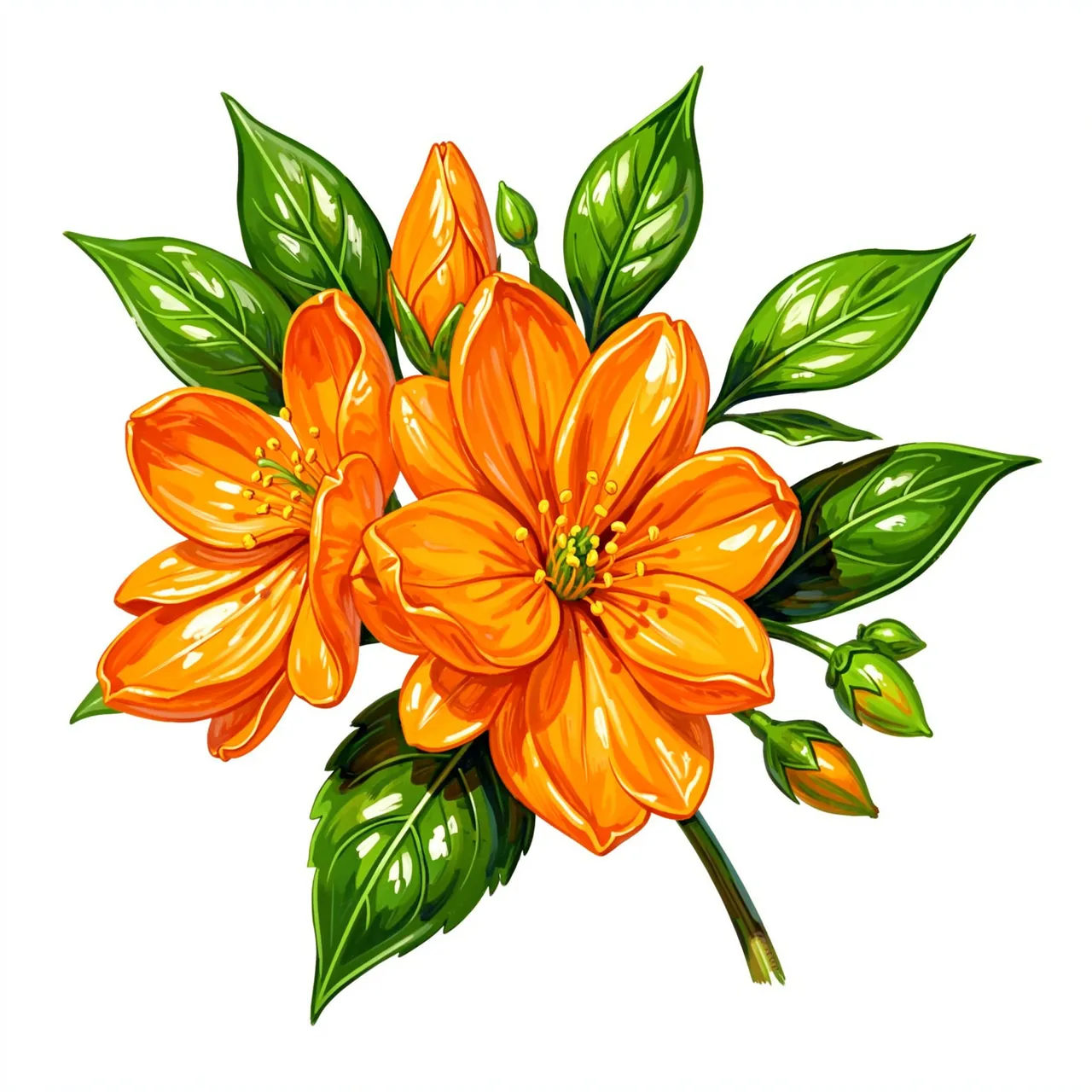Hand-painted orange blossom cluster with glossy green leaves and buds on a plain white background