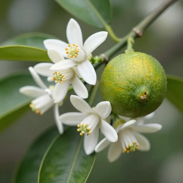 Close-up of white orange blossoms growing alongside a small green unripe orange on a tree branch with glossy green leaves