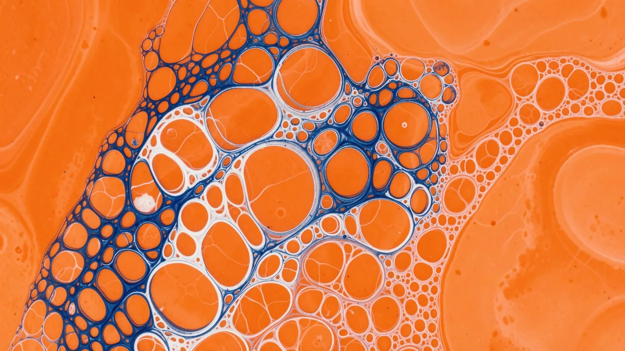 Lacy cell patterns of cobalt blue and white spread across a tangerine orange fluid pour background