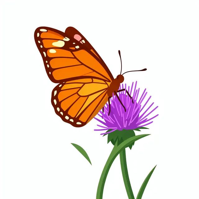 Orange monarch-style butterfly resting on a purple thistle flower against a plain white background