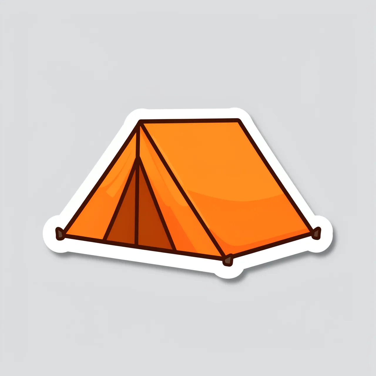 A flat cute die-cut sticker of an orange camping tent with a thick white border on a light gray background