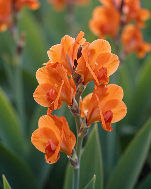 Close-up of a cluster of vibrant orange canna flowers against soft blurred green garden foliage