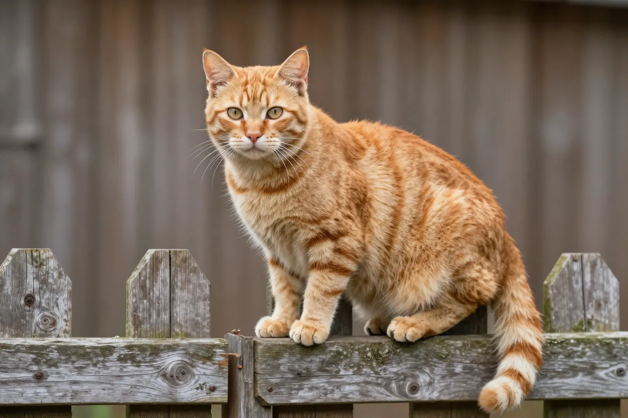 An orange tabby cat sits perched alert on a weathered rustic wooden fence gate.
