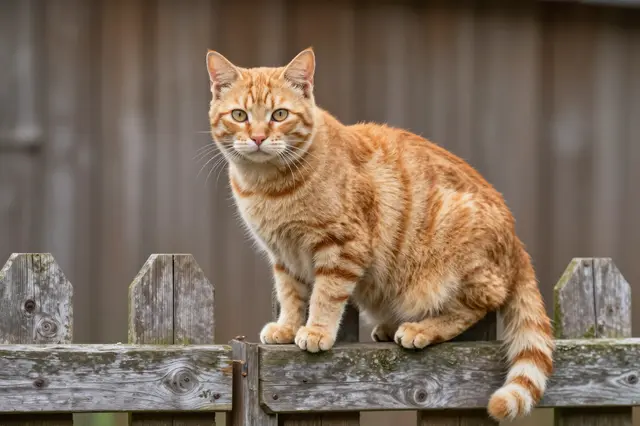 An orange tabby cat sits perched alert on a weathered rustic wooden fence gate.