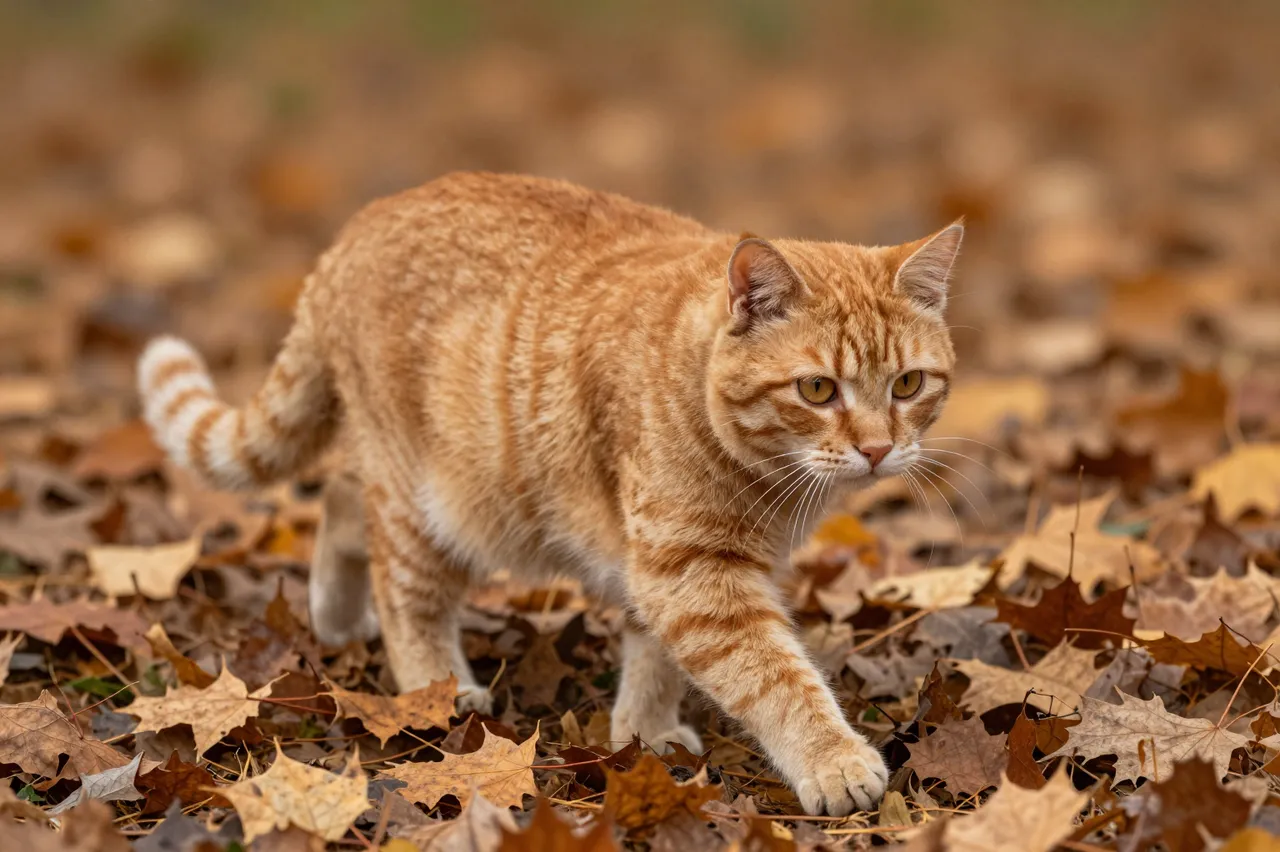 A ginger tabby cat steps slowly across a bed of dry fallen autumn maple leaves