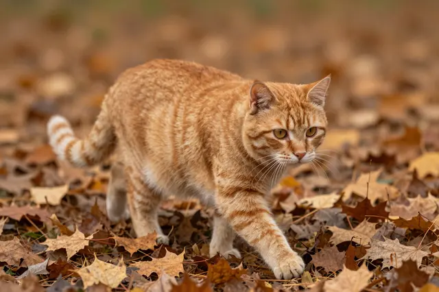 A ginger tabby cat steps slowly across a bed of dry fallen autumn maple leaves