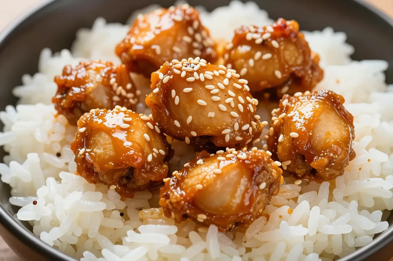 A close-up of glazed orange chicken topped with sesame seeds served over fluffy white rice in a dark bowl.