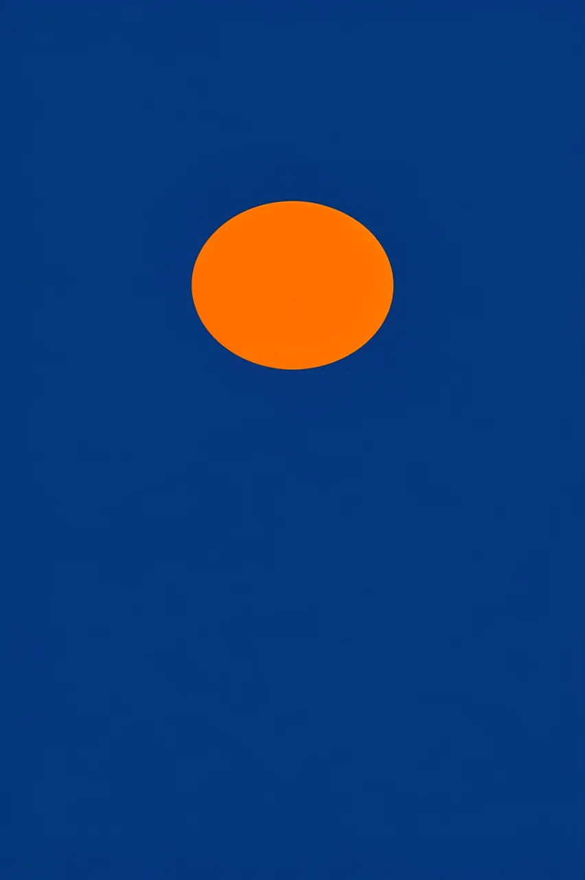 A solid bright orange circle centered against a tall deep blue minimalist field with empty space below.