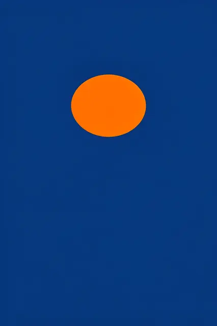 A solid bright orange circle centered against a tall deep blue minimalist field with empty space below.
