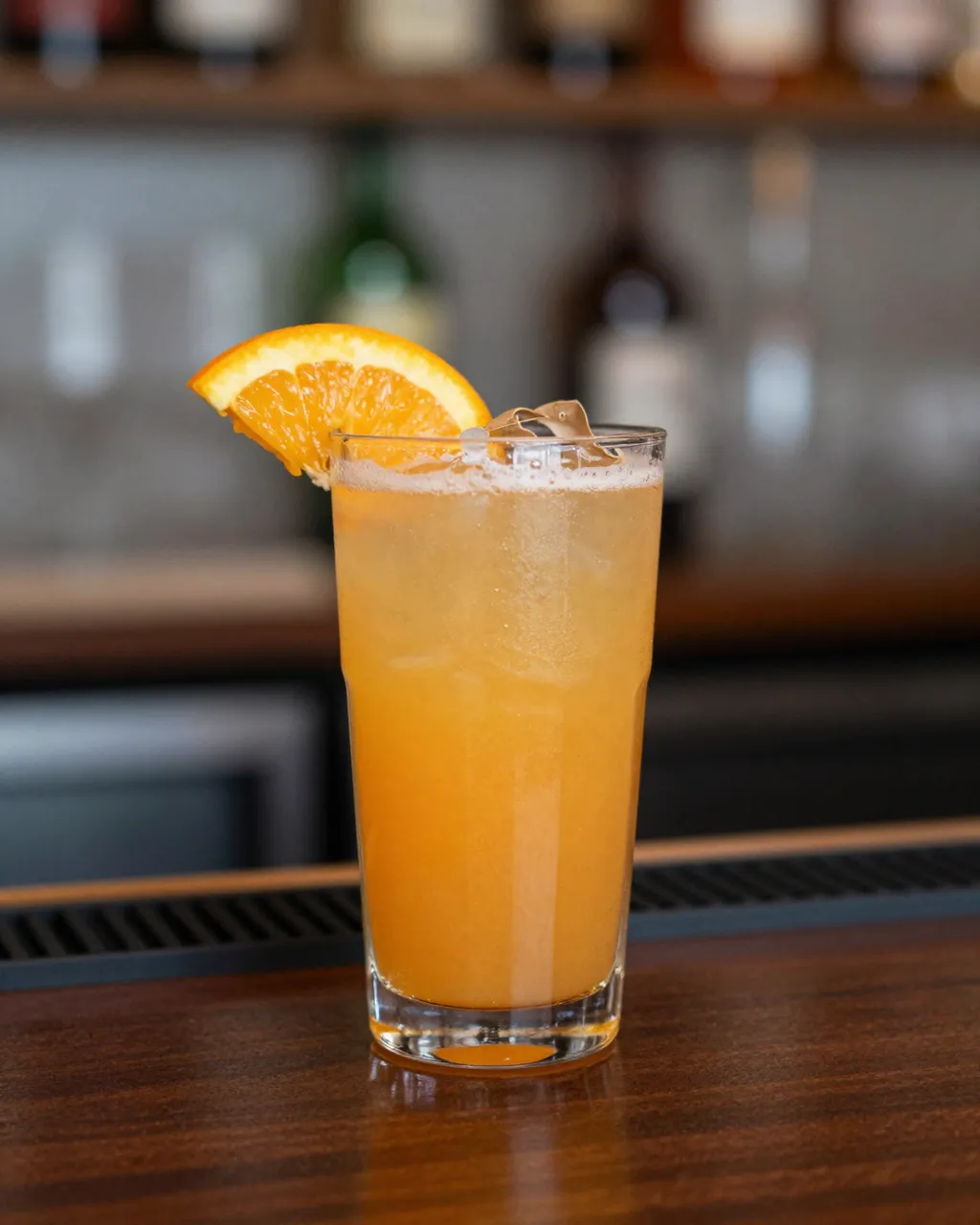 A tall glass of orange citrus cocktail with an orange slice garnish sits on a wooden bar counter