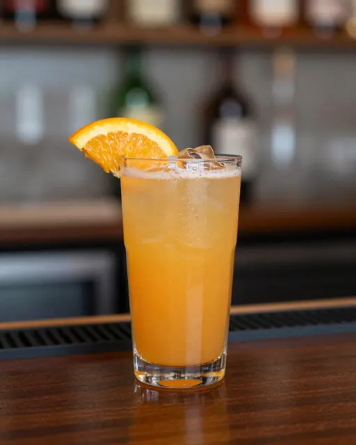 A tall glass of orange citrus cocktail with an orange slice garnish sits on a wooden bar counter