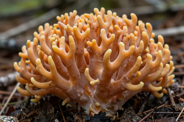Close-up of vibrant orange branching coral fungus growing on damp forest floor debris