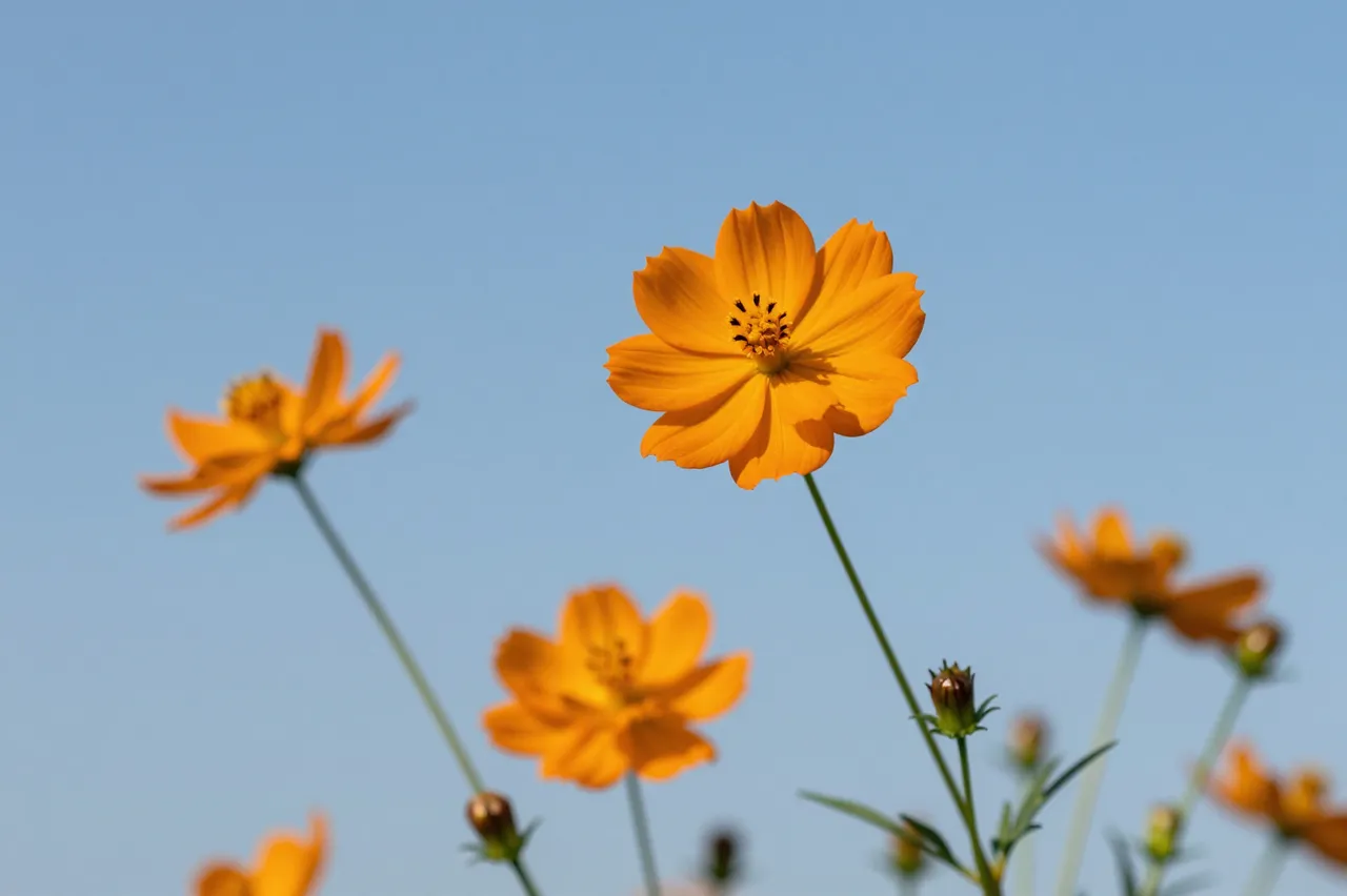 Sharp orange cosmos flower in focus with soft blurred orange blooms against a clear light blue sky