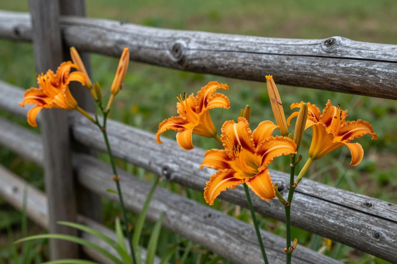 Bright orange ruffled daylily flowers grow in front of a weathered rustic split rail fence with blurred green grass