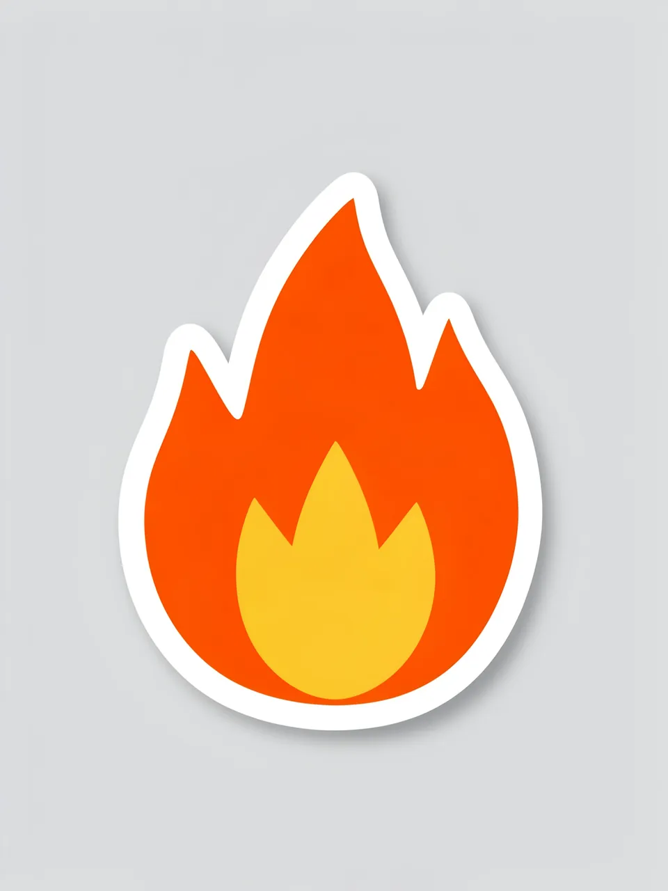 Cute flat flame illustration sticker with a thick white border on a light gray background