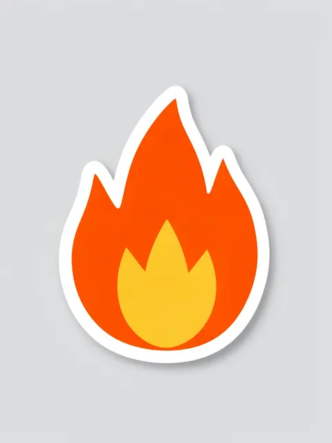 Cute flat flame illustration sticker with a thick white border on a light gray background