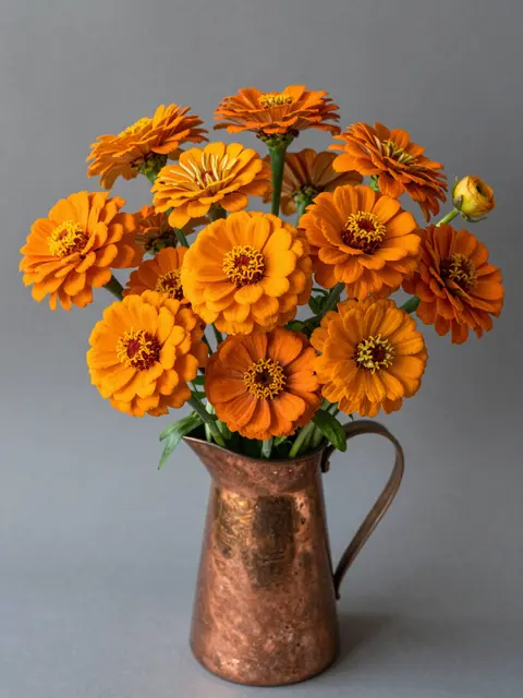 Vibrant orange zinnia and ranunculus bouquet arranged in a hammered copper pitcher against a plain gray background