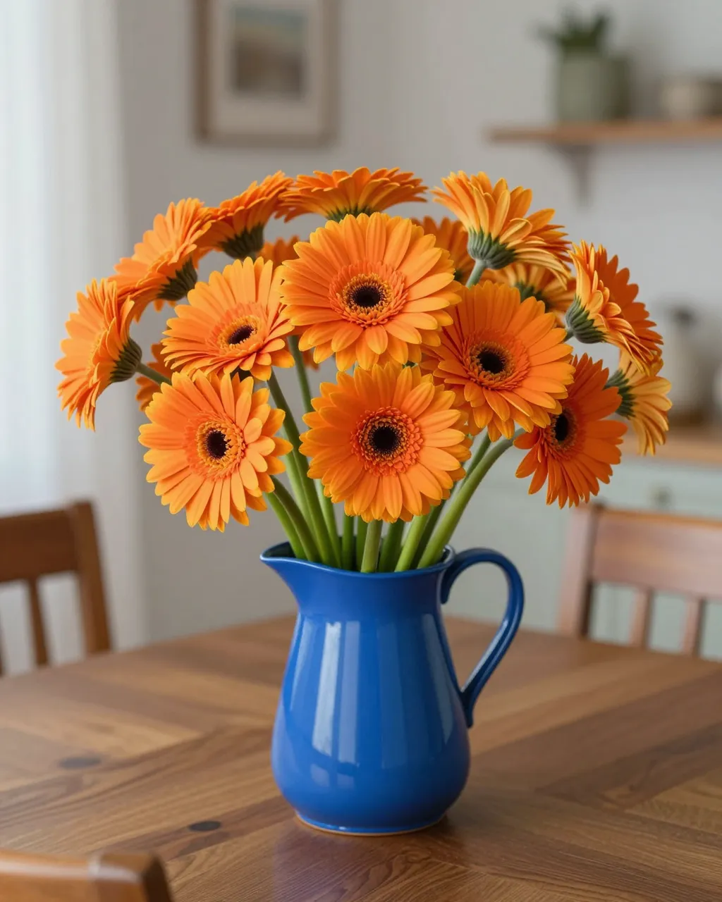 A bright bouquet of orange gerbera daisies sits in a glossy cobalt blue pitcher on a wooden breakfast nook table.