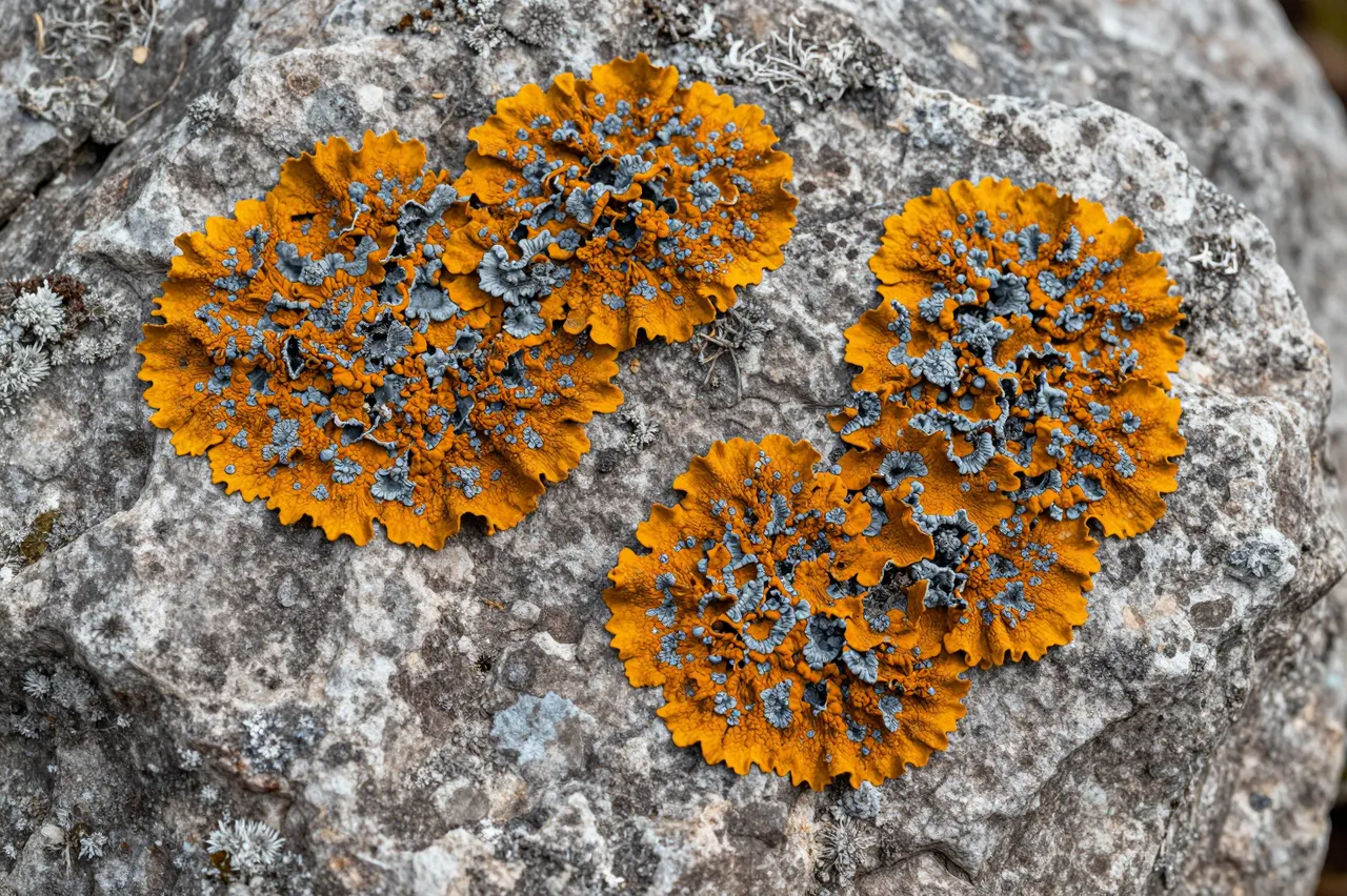 Close-up of vibrant orange and gray lichen colonies growing on a rough gray stone surface