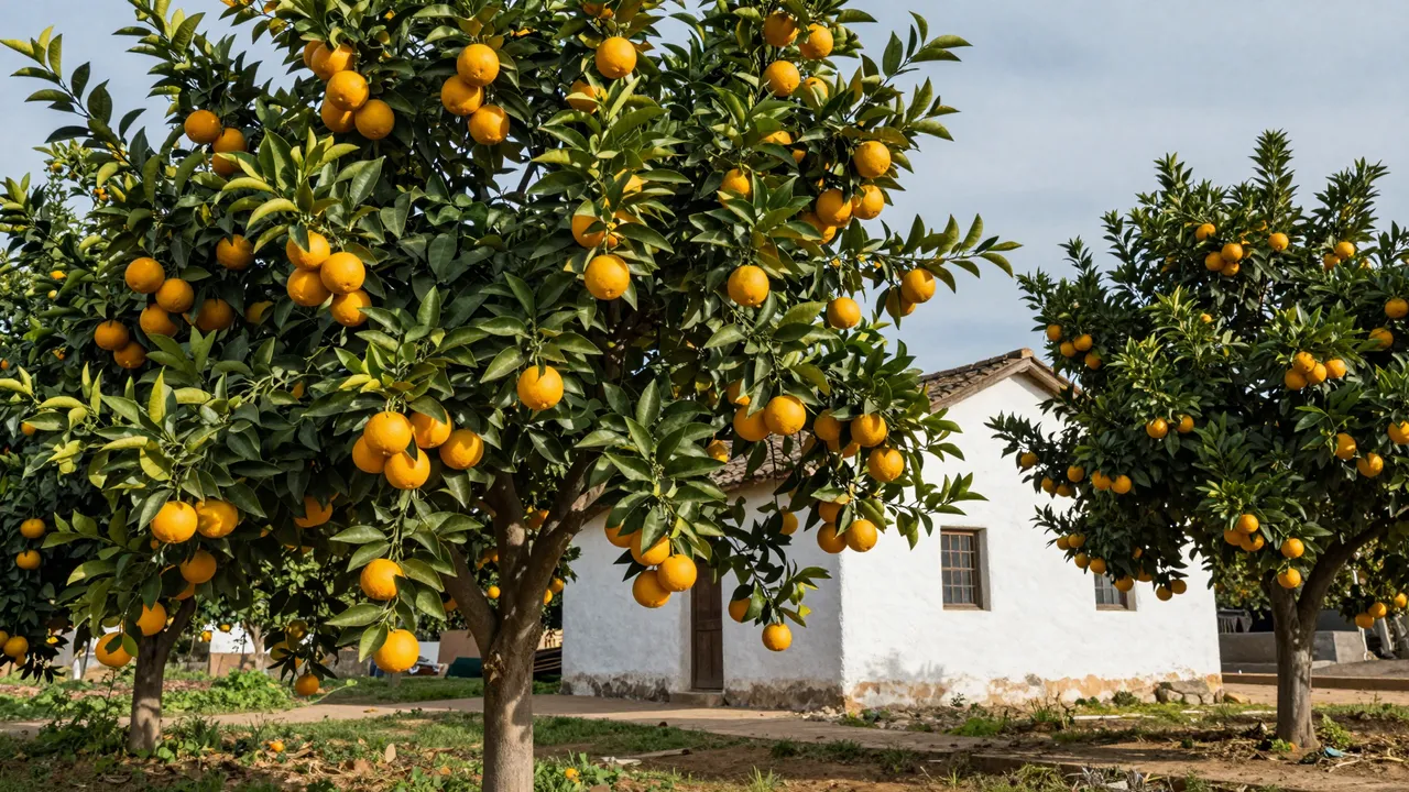 Ripe orange trees heavy with fruit stand before a whitewashed farmhouse under soft winter sunlight