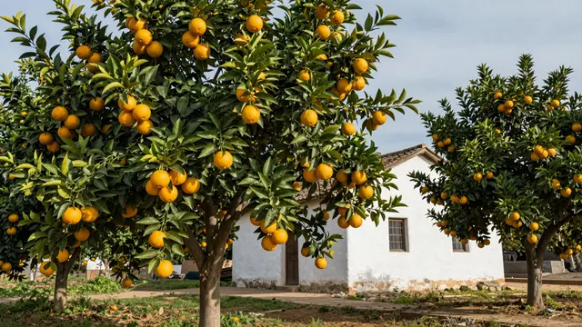 Ripe orange trees heavy with fruit stand before a whitewashed farmhouse under soft winter sunlight