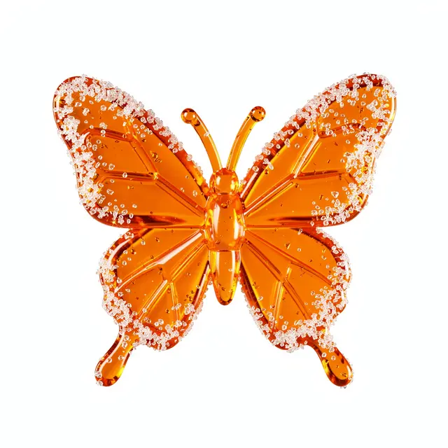 Translucent orange gummy butterfly coated with sparkling sugar edges against a plain white background