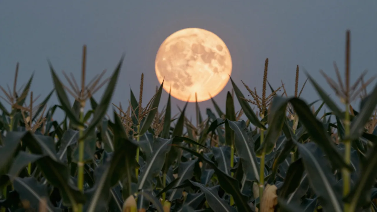 Glowing orange full harvest moon rises above the tops of mature corn stalks at twilight