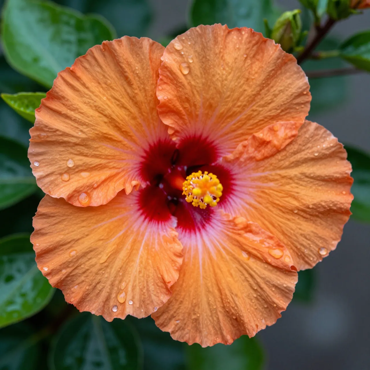 Close-up of an orange hibiscus flower dotted with clear water drops against blurred green foliage