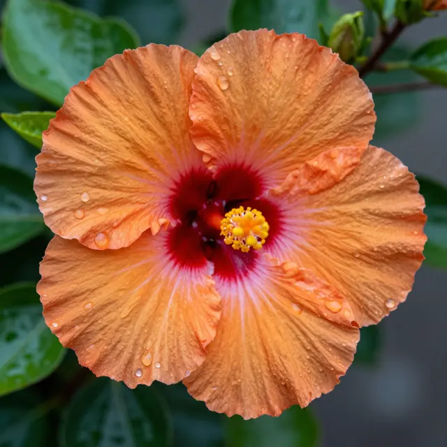 Close-up of an orange hibiscus flower dotted with clear water drops against blurred green foliage